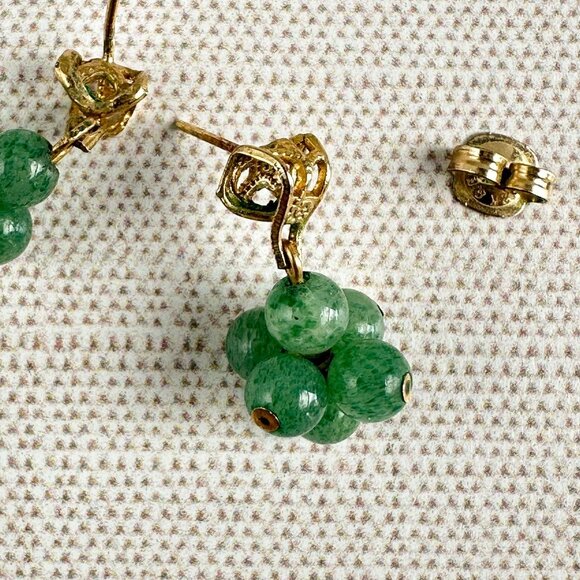 10K Gold Jade Drop Earrings, Real Green Beads - Picture 9 of 9